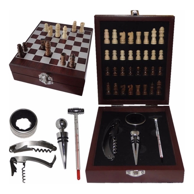 Kit Abridor De Vinho 4 Peças Maleta E Jogo Xadrez De Madeira