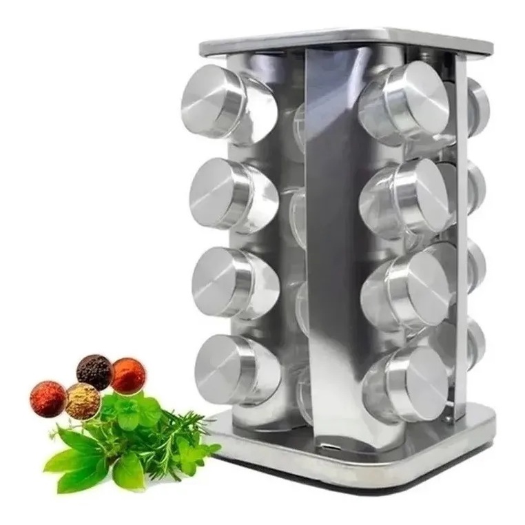 PORTA CONDIMENTOS Temperos Giratório QUADRADO em Inox 16 POTES DE VIDRO + Suporte Giratório Tempero