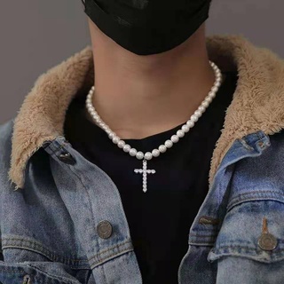 Colar De Pingente Cruz Retro Rhinestone Para Homens Imitação De Cadeia De Pérola Clavícula Elegante Jóias Decorativas Neutras