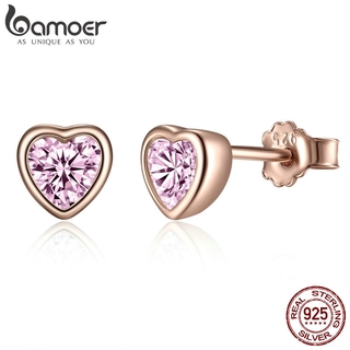 Brincos Femininos De Prata Esterlina 925 E 3 Cores Coração Dazzling Rosa Cz Brincos De Tarraxa Para Mulheres / Joias / Presente Pas452-J