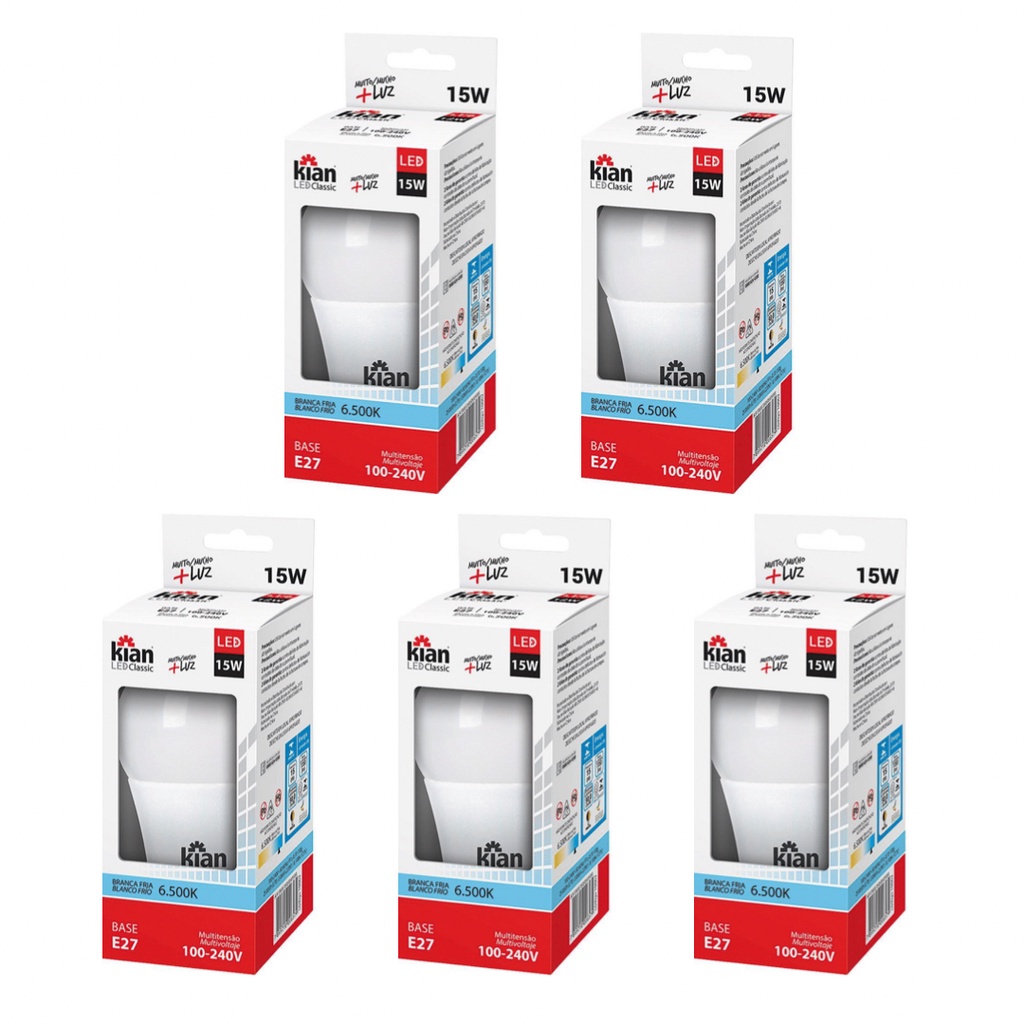 Kit 5 Lâmpadas LED 15w Branca Fria 6500k Bivolt Economica