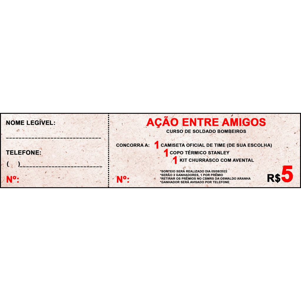 Talão Tickets Papel Especial Bloco RIFA SORTEIO CUPOM com canhoto destacável PERSONALIZADO 210mm  x 59mm PAPEL COLORIDO