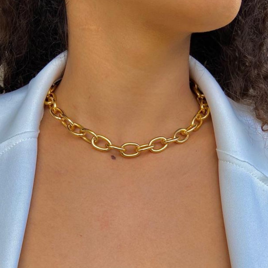choker gargantilha correntaria elos grosso banhado a ouro 18k em Oferta na Shopee