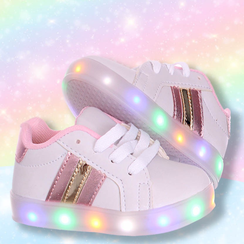 Tenis com luz de led colorida que pisca infantil feminino branco,rosa e dourado em Oferta na Shopee