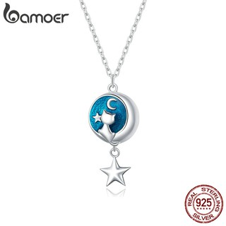 Bamoer Colar Feminino De Prata Esterlina 925 Lua & Gato Scn422