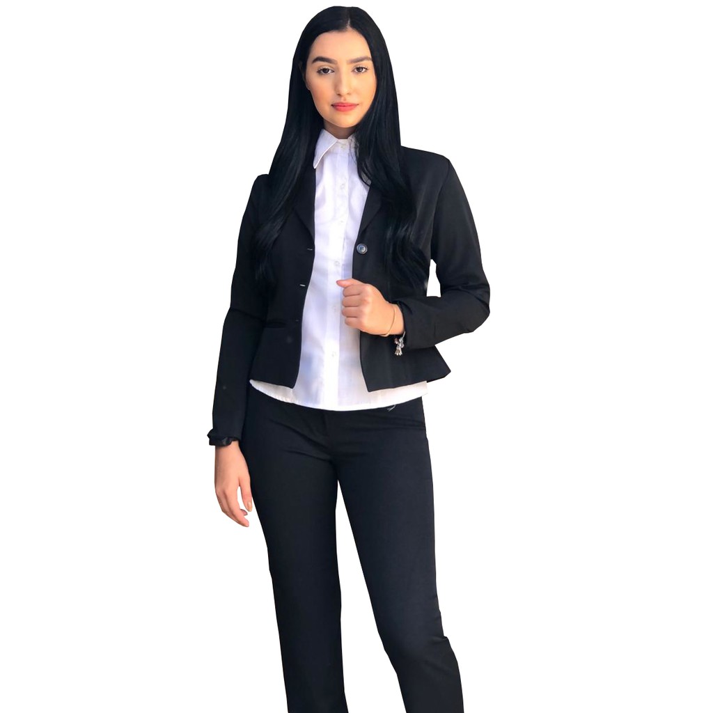 Blazer Feminino Social Alfaiataria Acinturado Terninho Preto com Elástano