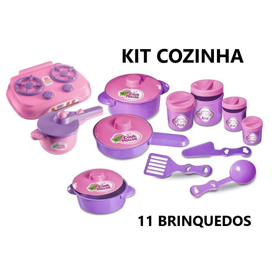 Kit Cozinha Infantil com 11 Brinquedos Fogão, Potes de Mantimentos  Arroz, Feijão, Açucar ,Café e 2 Panelinhas com tampa, 1 frigideira com tampa e 1 Panela de Pressão com 2 acessórios sortidos