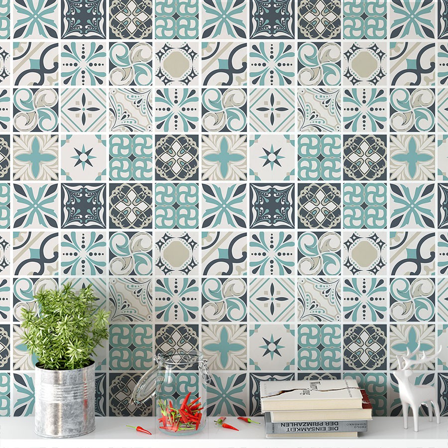 Papel De Parede Ladrilho Azulejo cozinha Em Tons De Azul e Bege