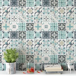 Papel De Parede Ladrilho Azulejo cozinha Em Tons De Azul e Bege
