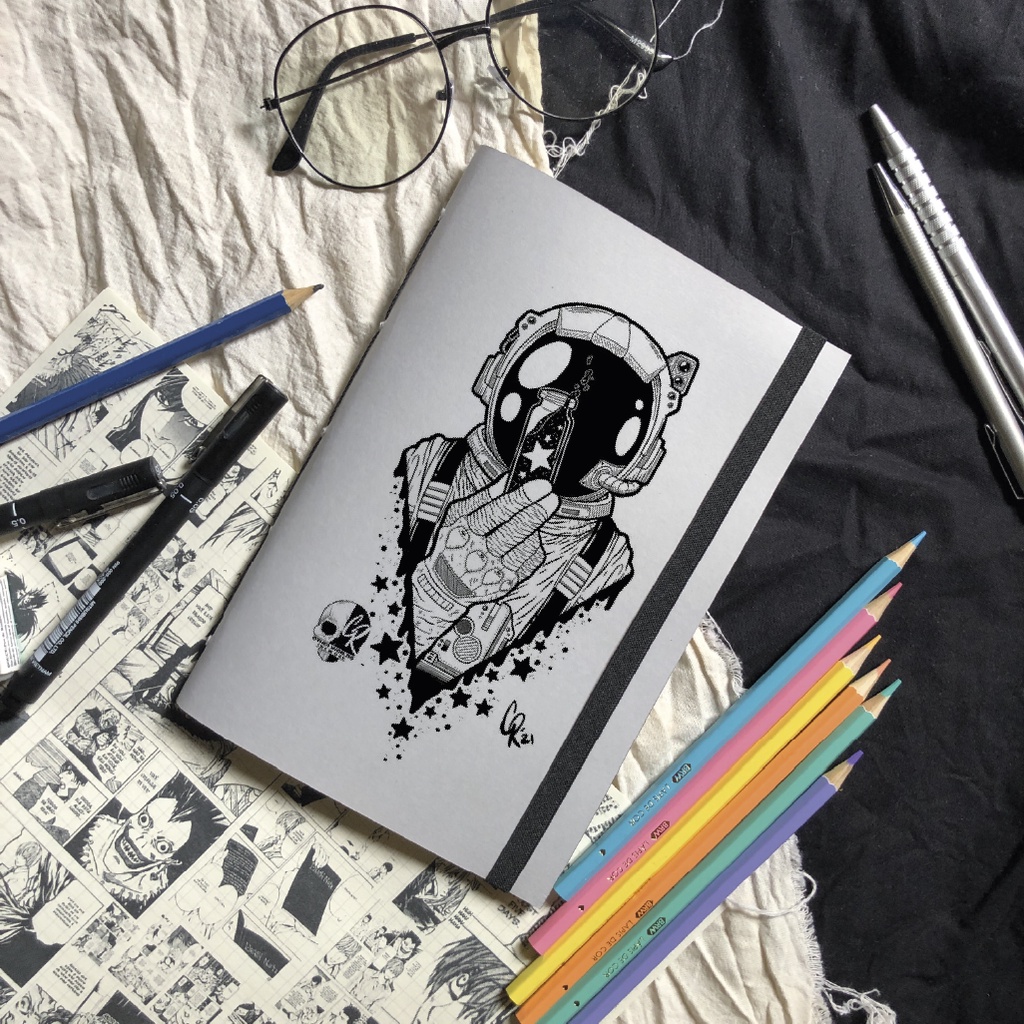 Sketchbook | Caderneta tema espaço, capa cinza com folhas pólen bold ou off set com ou sem linhas