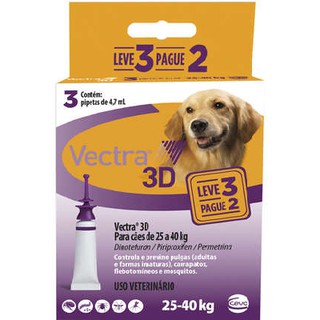 Vectra 3D 4,7mL (25-40Kg) C/ 3 Pipetas - Antipulgas e Carrapatos P/ Cães