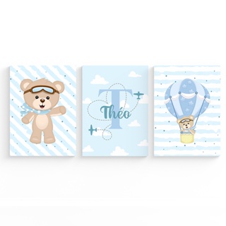 Kit Quadros Decorativos para quarto de bebê Ursinho Baloeiro Azul com Nome Personalizado em Oferta na Shopee