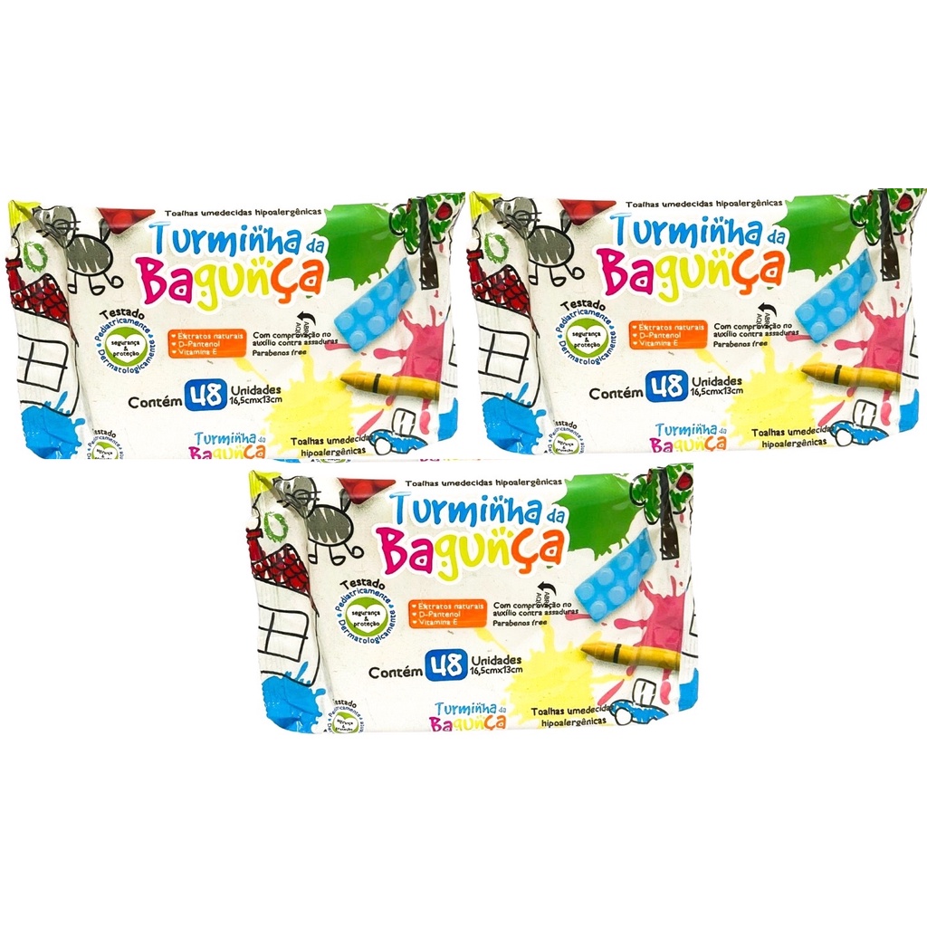 Kit com 3 - Lenço Umedecido Turminha da Bagunça Toalha Umedecida 48 Unidades