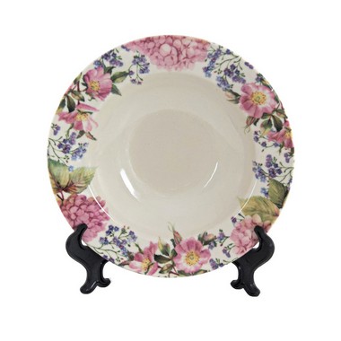 Kit 2 Pratos Fundos Linha Mônaco Hortensia Em Ceramica Bege Borda Floral 22 Cm Mesa Posta