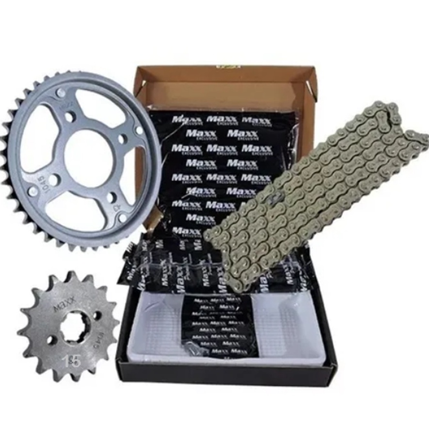 Kit Relação Coroa 44 Corrente 118 elos e Pinhão 15 Titan 160 / fan 160 em aço 1045 - Maxx premium