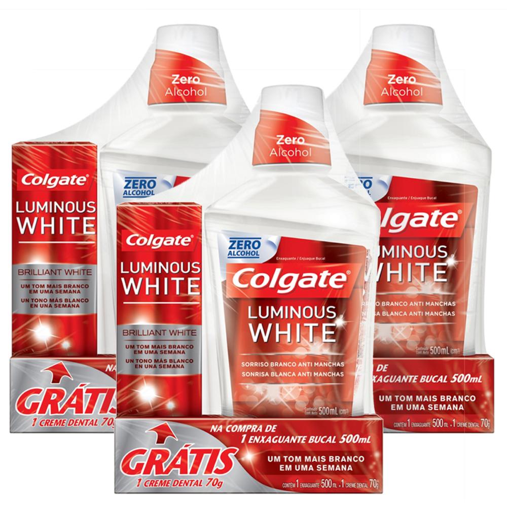 Kit 3 Enxaguantes Bucal Colgate Luminous White 500ml + Cremes Dentais em Oferta na Shopee