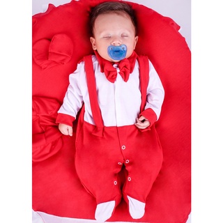 Saida de Maternidade Para Bebe Menino Vermelho 04 peças Heitor Suspensório Marinho Roupas Para Bebê