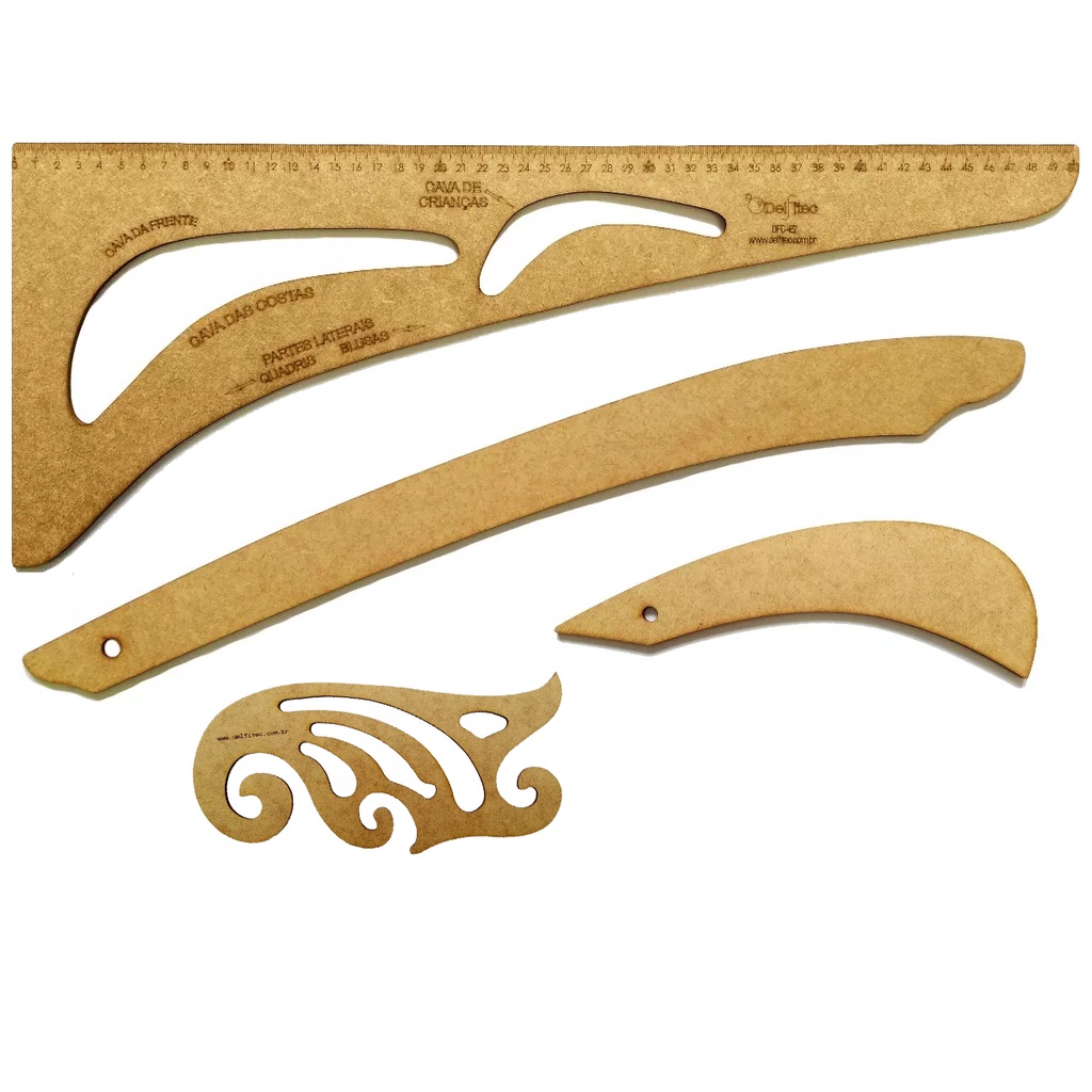 Kit Regua Conjunto Costura Profissional Modelista N°2 com 4Pçs Regua Francesa MDF
