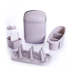 Kit Limpeza Pia 4 Peças Escorredor Organizador Louças Copos Talheres Lixeira Porta Detergente Rodinho Compacto Plasútil