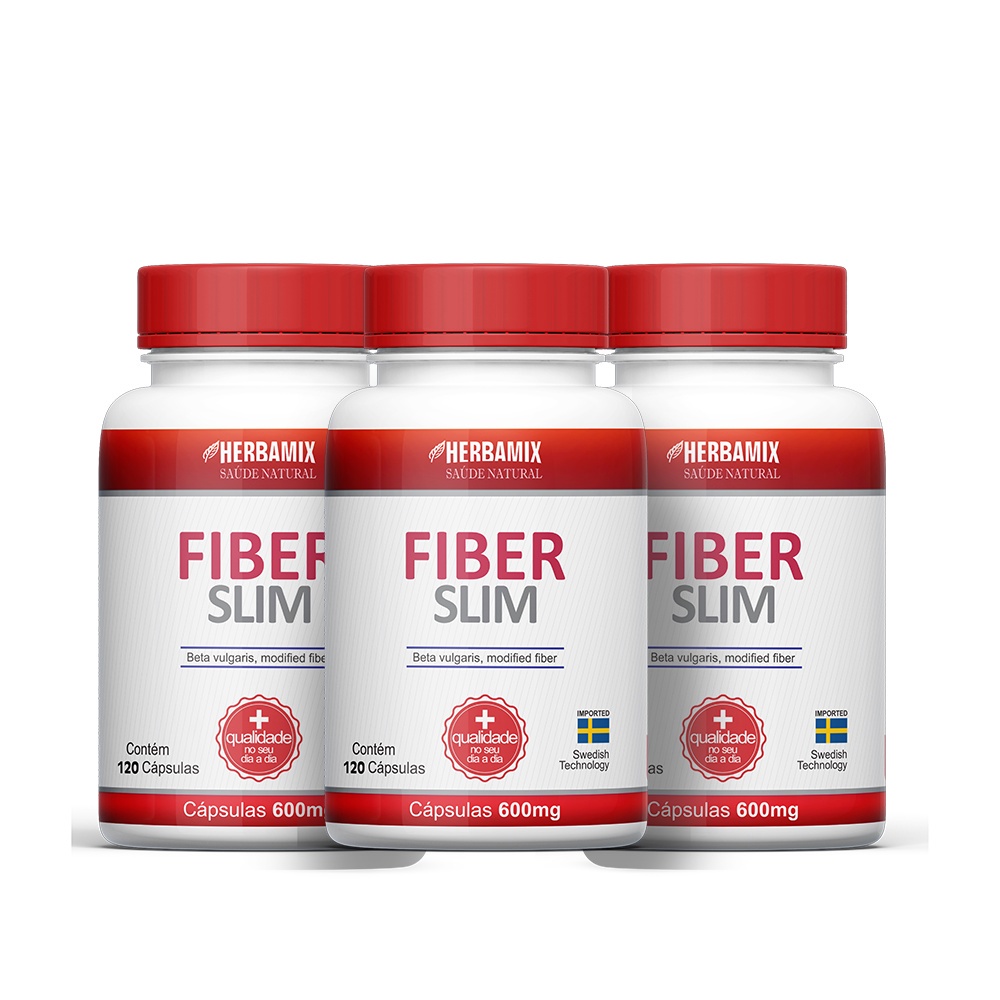 Kit 3 Unidades Fiber Slim com Vitamina B7, B3 e C 120 Cápsulas 600 Mg Herbamix