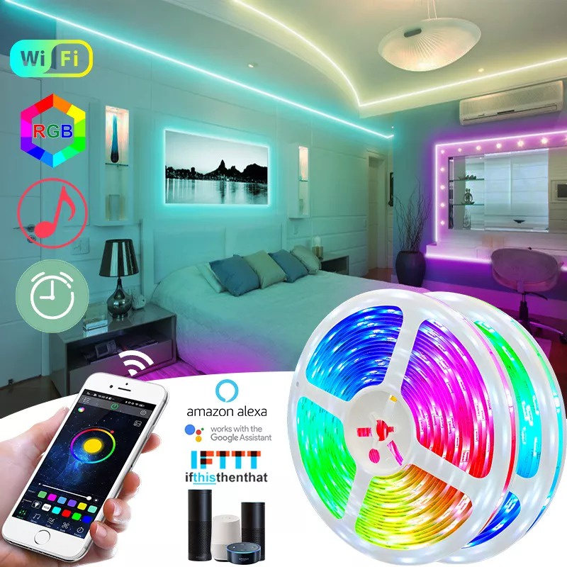 Fita LED RGB 5050 Controle WiFi Bluetooth IoT Fonte Flexível Lâmpada 5-24V Fita 10m, 7,5m, 5m IR