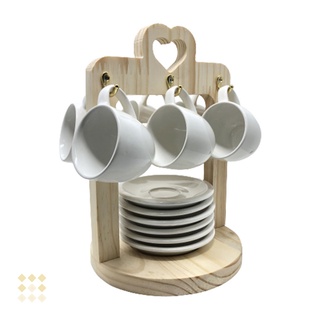 Jogo 6 Xicara Café Com Pires Porcelana Branco com Suporte Coraçao - Mundo da Porcelana
