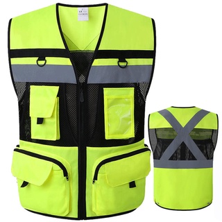 Múltiplos Bolsos De Alta Visibilidade Colete De Segurança Refletivo Tecido De Malha Com Zíper Grandes Respirável De Verão Amarelo E Preto