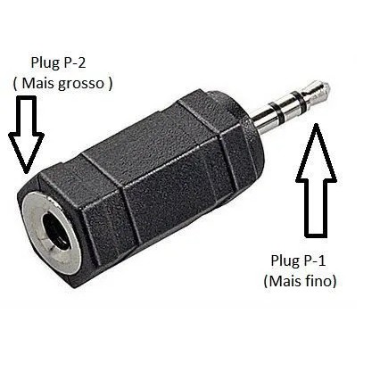 Adaptador Plug P1 Macho (2.5mm) x P2 Fêmea (3.5mm). Audio Estéreo.