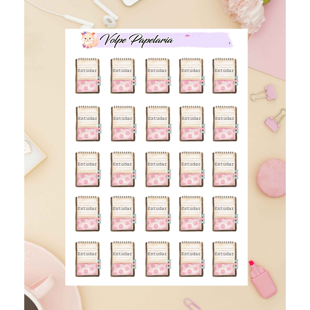 Cartela de adesivo estudar/ Decoração de planner - agenda - bujo
