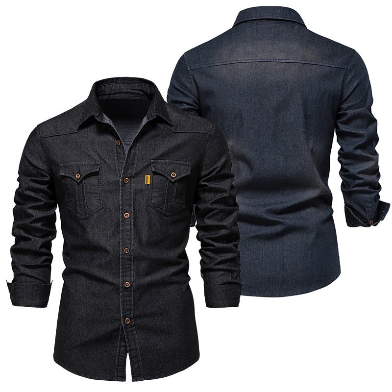 Camisa Jeans Masculina Slim Fit Com Botão De Manga Longa De Bolsos De Alta Qualidade Para