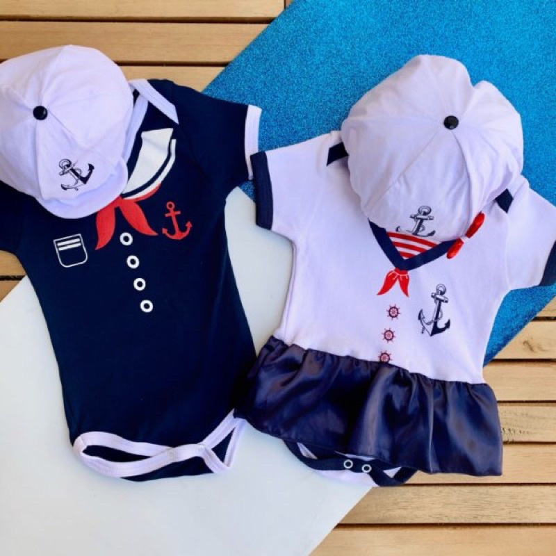 Body temático mesversário bebê Gêmeos Marinheiro Marinheira + boina