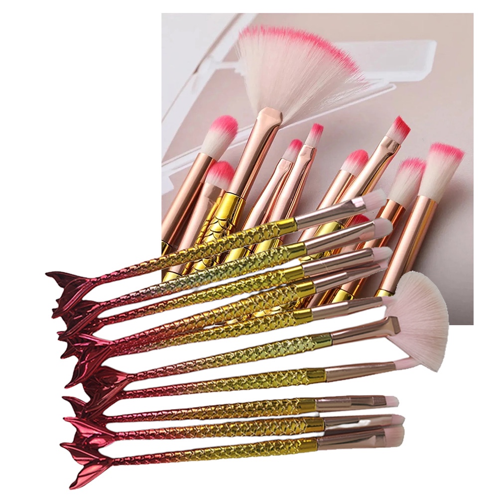 Pincel Sereia 10 Peças Maquiagem Sombra Delineador Iluminador Make Up Mermaid