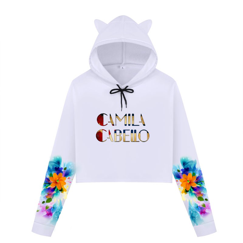 Blusa Cropped de Moletom Manga Flores Azul e Laranja Camilla Cabelo A410