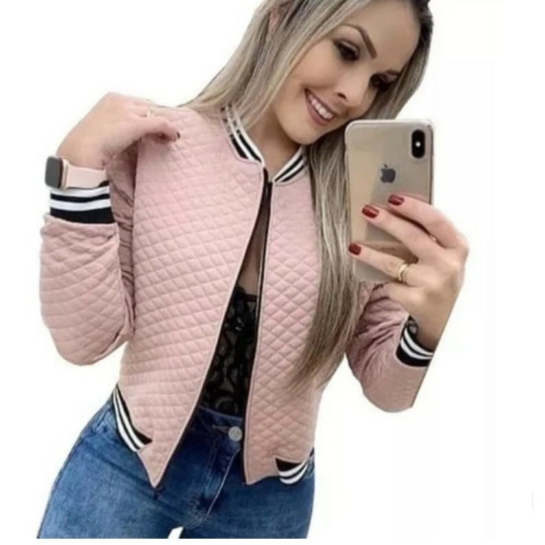 Jaquetinha Bomber Feminina Metalassê Punho Listras Blusa Ziper Top em Oferta na Shopee