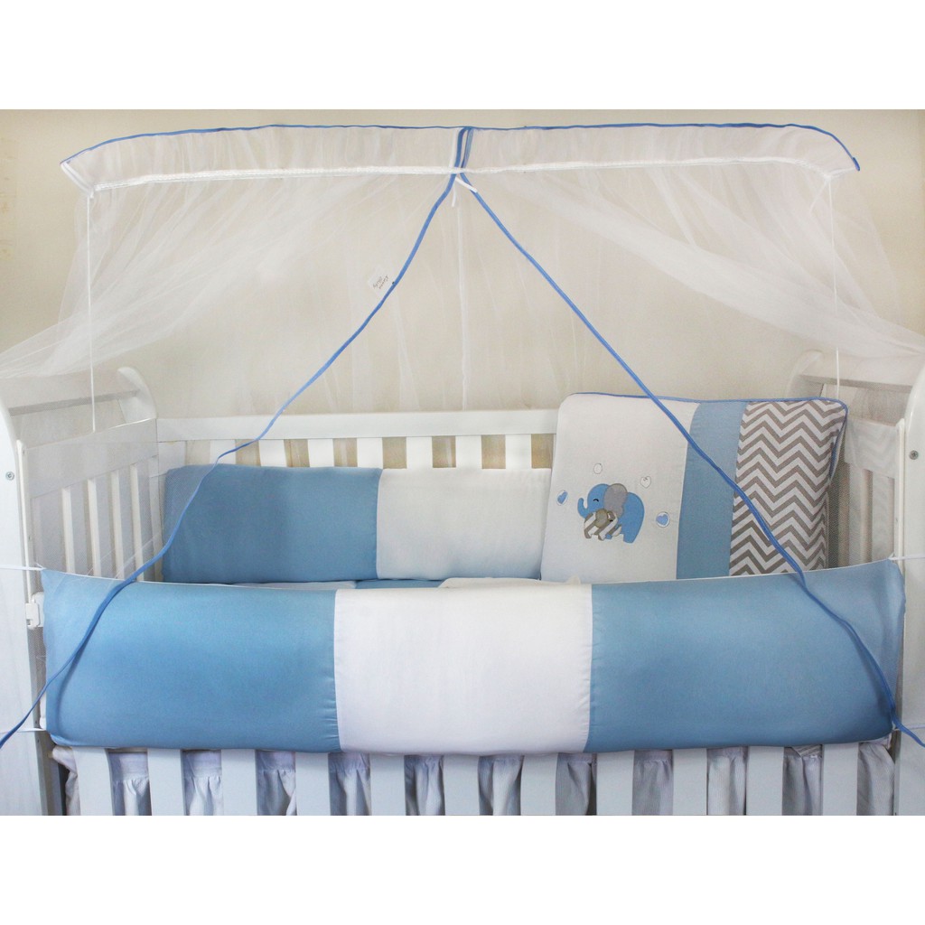 Kit Protetor de Berço Kids com Mosquiteiro Comum 7 peças Elefante Chevron Azul
