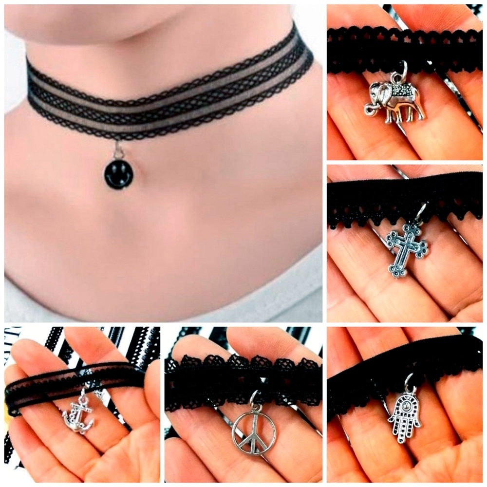 kit 12 ou 36 Colar Gargantilha Choker Renda Preto Com Pingente