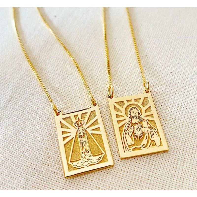 Escapulário Personalizado Sagrado Coração/Nossa Senhora Aparecida Prata ou Banhado a Ouro 18k
