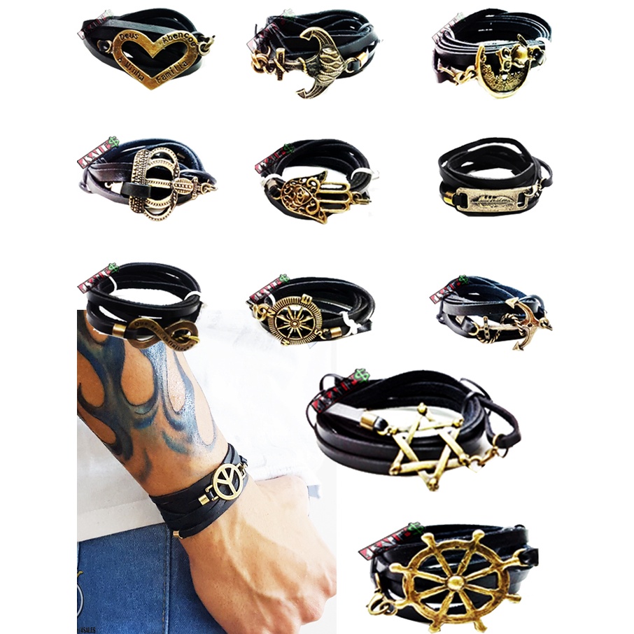 Pulseira Couro Enrolar Pingente Metal Couro Sintético Marro me preto Símbolo Masculino Feminina