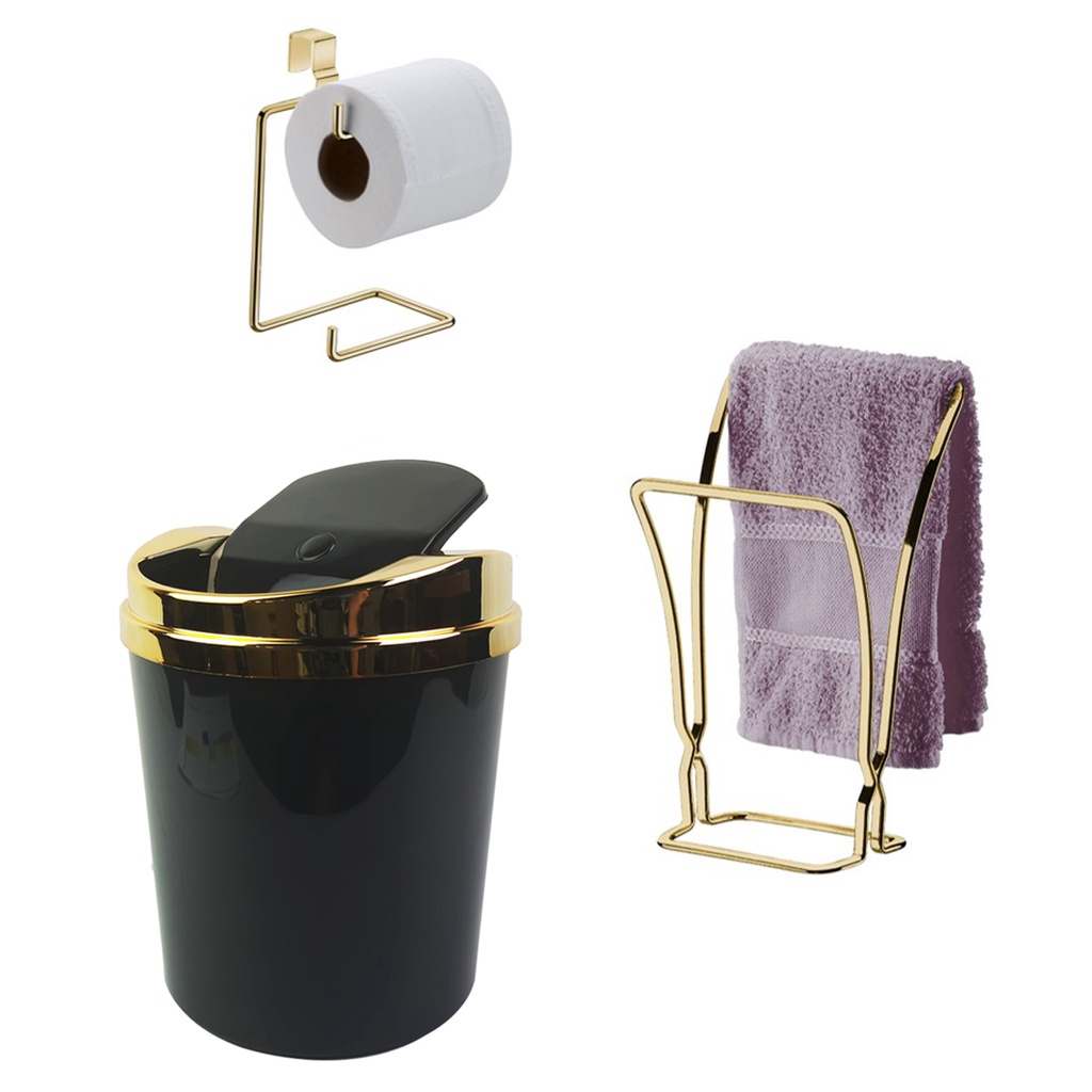 Kit Banheiro 3 Peças Lixeira Porta Toalha Toalheiro Suporte Papel Higiênico Dourado - Future