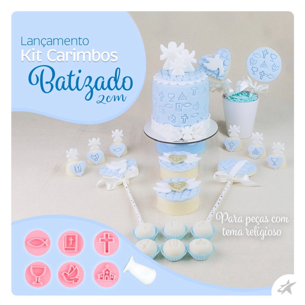 Kit Carimbos Batizado 2 cm Peixe, Bíblia, Cruz, Cálice, Pomba da paz e Igreja, Blue star