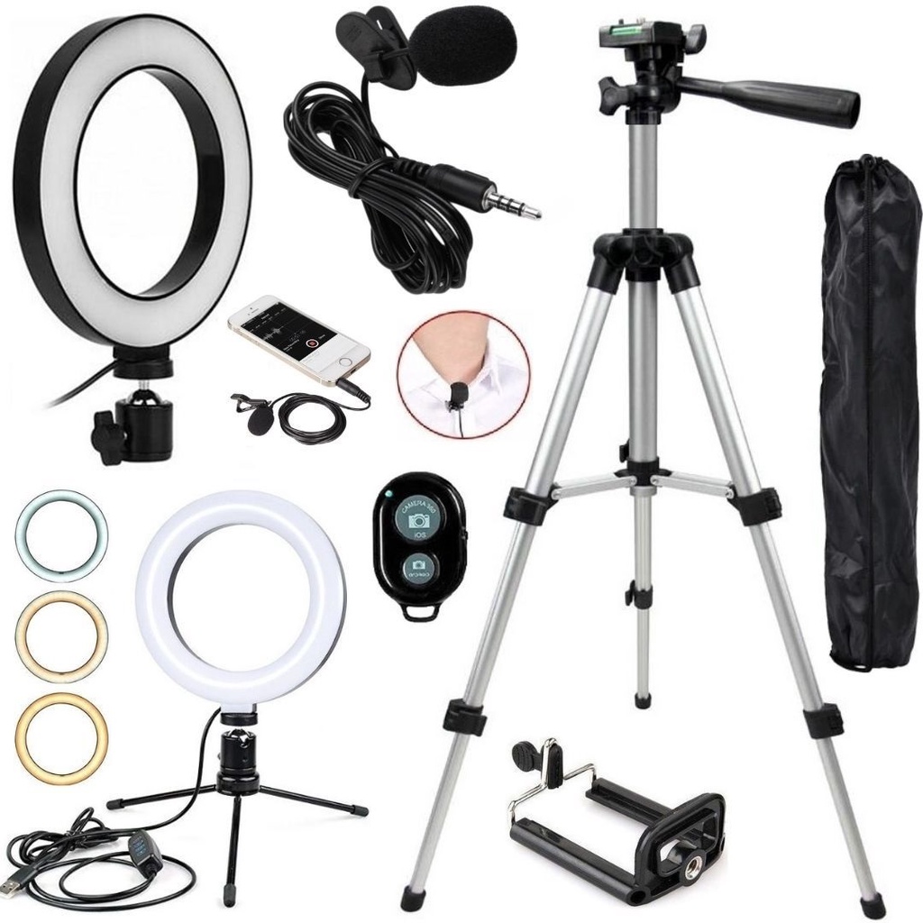Kit Vídeo Aula Ring Light Luz Led Tripé Microfone Lapela Gravação Controle