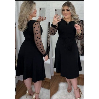 Vestidos Plus Size Moda Evagélica Social Rodado Evasê Midi Preto Gola Alta