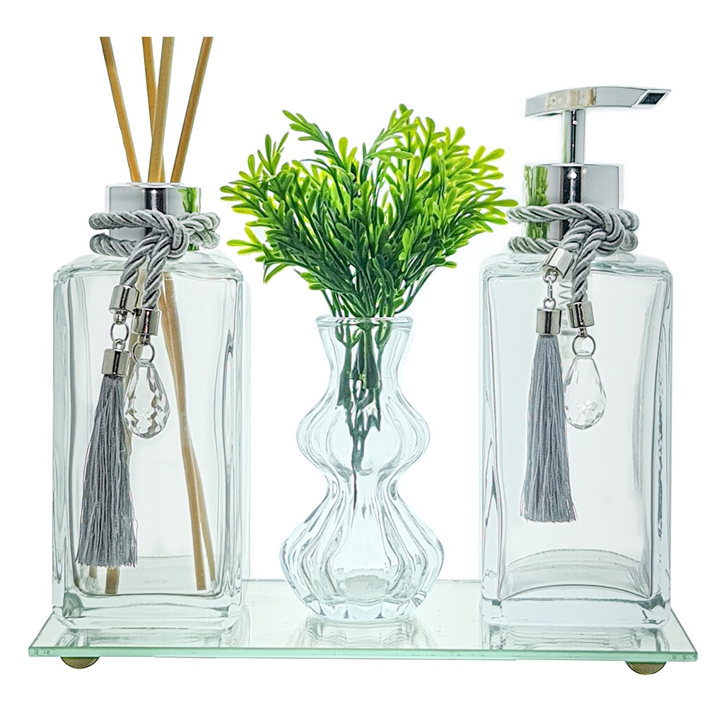 Kit Lavabo Banheiro Aromatizador Ambiente em Vidro 250ml Bandeja Vareta