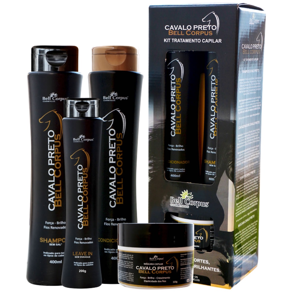 Kit Capilar Completo (4 itens) Cavalo Preto - Shamp/Cond/Masc/LeaveIn - Bell Corpus