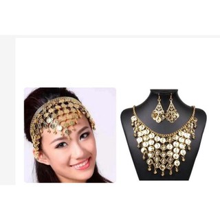 Kit Tiara De Moeda ,Colar e Brinco Para Fantasia Cigana Dança Do Ventre Odalisca Festas Cosplay Carnaval