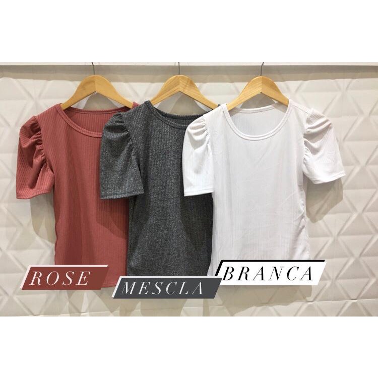 Blusa feminina manga bufante princesa curta malha canelada com elastano estilo lançamento