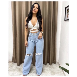 Calça Jeans Feminina rasgado Wide Leg Pantalona Retrô Linha Premium