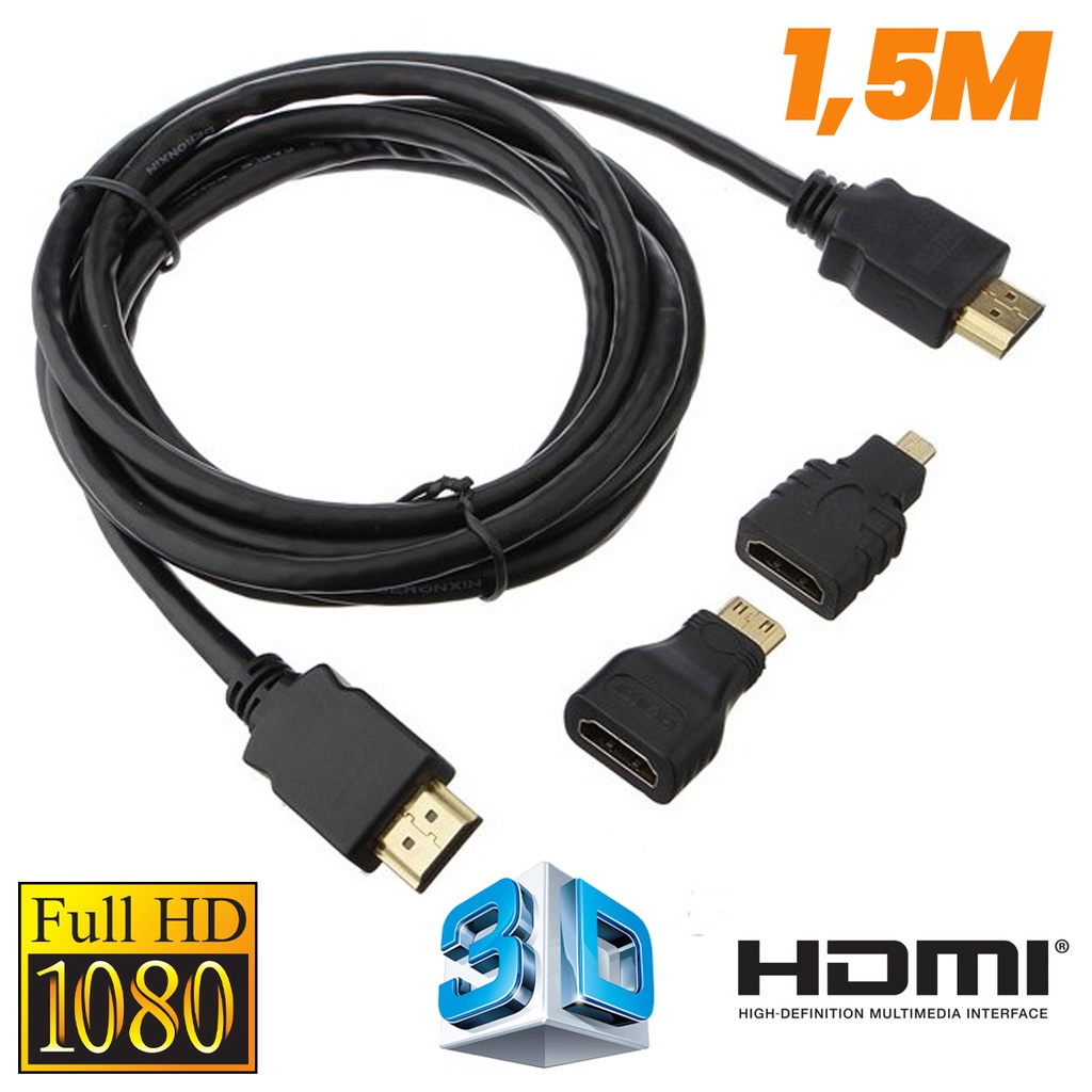 Cabo HDMI 3 Em 1 Plug Adaptador HDMI + Micro Mini 1.5MT FULL HD