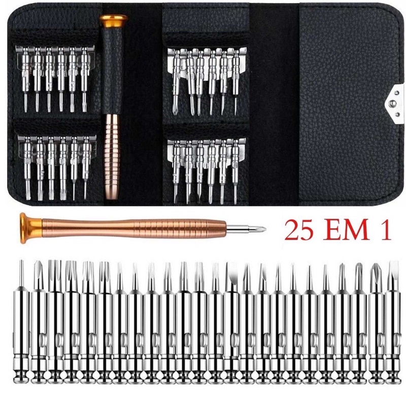 Kit Chaves de Precisão Profissional 25 em 1 Estojo de Couro Ferramentas Celular Notebook Torx Alen Philips Pequena