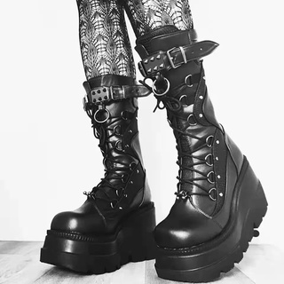 Bota Feminina De Cano Médio Com Sola Grossa Estilo Punk Tamanho Grande 2022